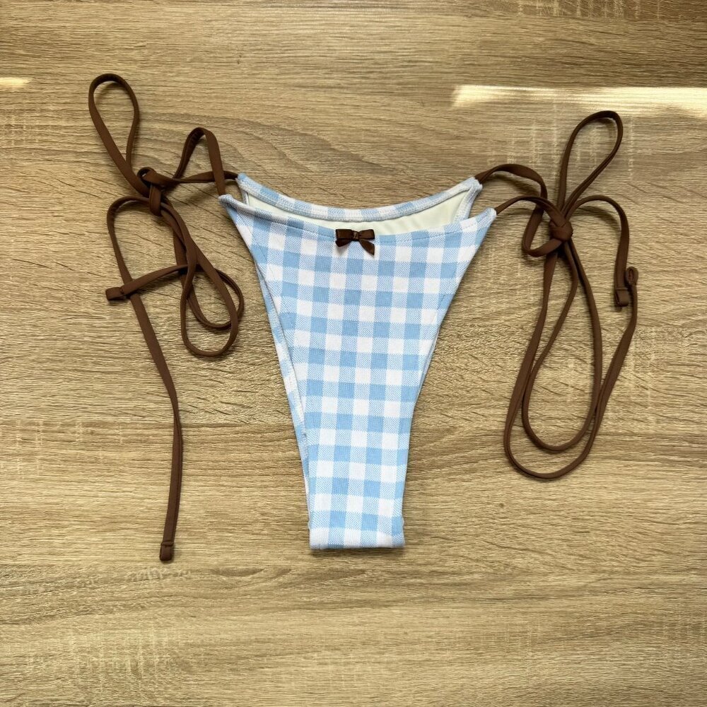 New Frankies Bikinis Divine String Bikini Bottoms Gingham Blue Brown Large